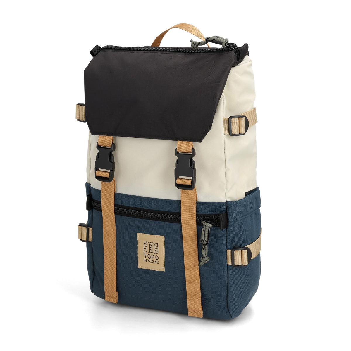 Multicolored backpack with visible brand logo on a white background