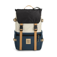Multicolored backpack with visible brand logo on a white background