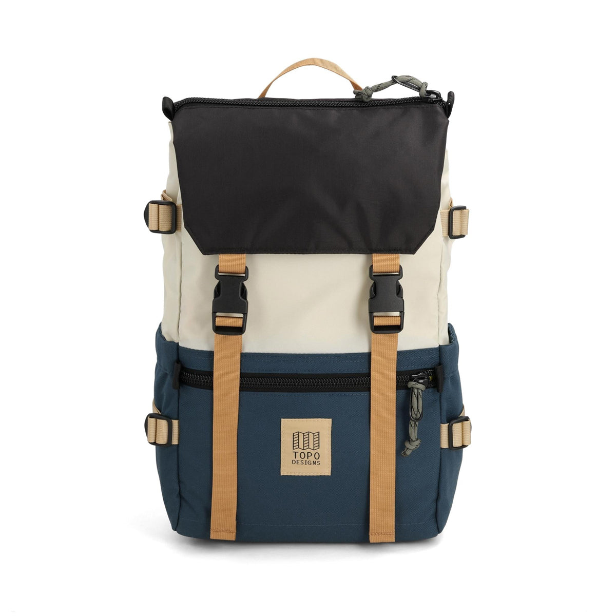 Multicolored backpack with visible brand logo on a white background