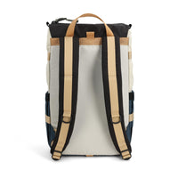 Backpack with beige and black straps on a white background