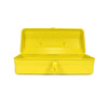 Yellow toolbox with open lid on a white background
