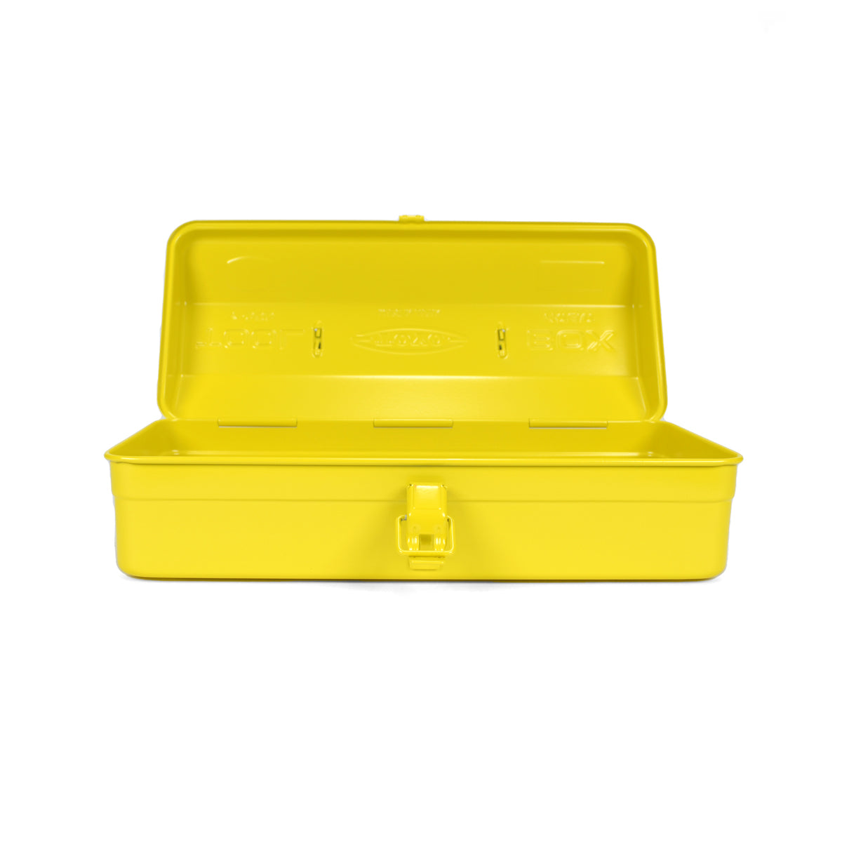 Yellow toolbox with open lid on a white background