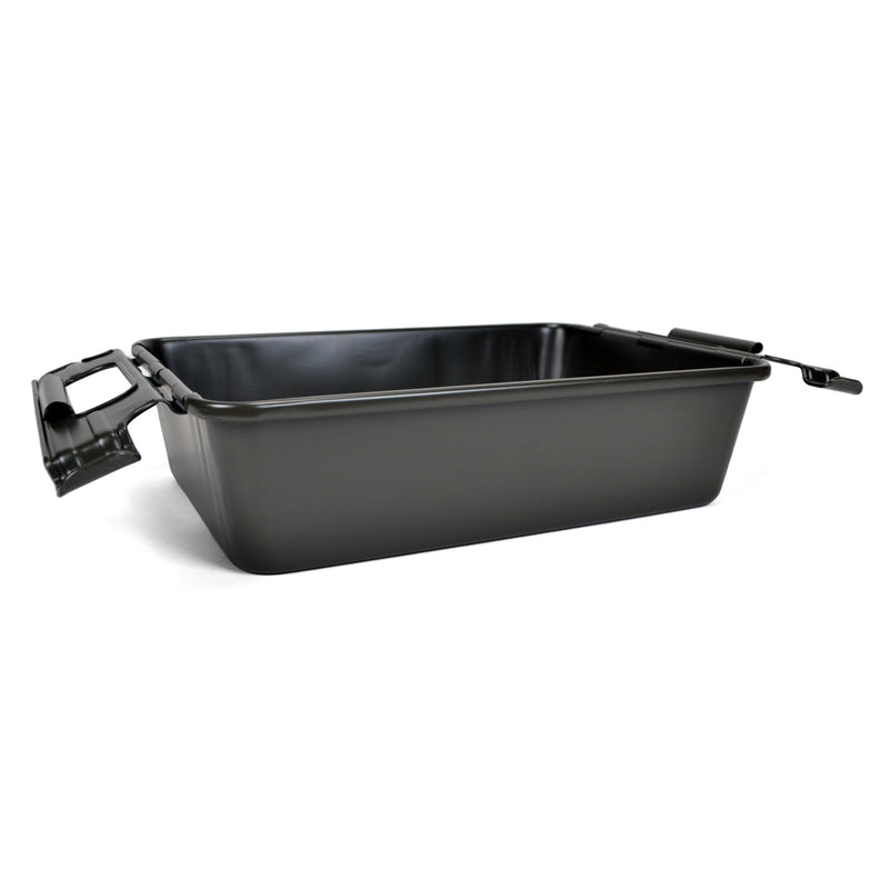 Military green rectangular metal tray with handles on a white background