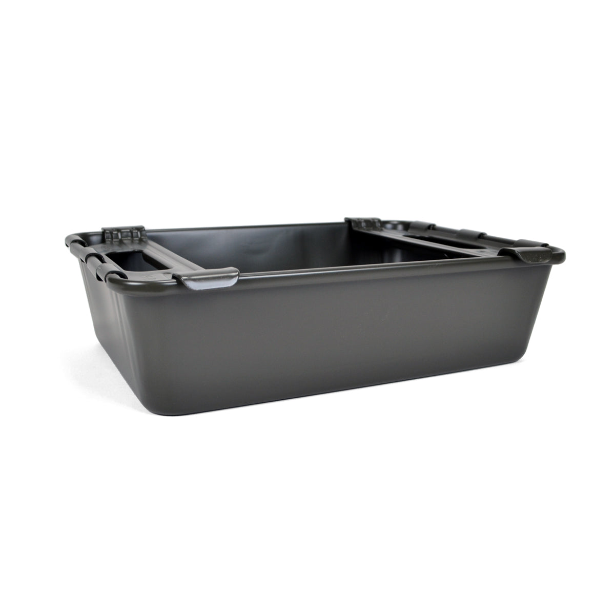 Military green rectangular metal tray with handles on a white background