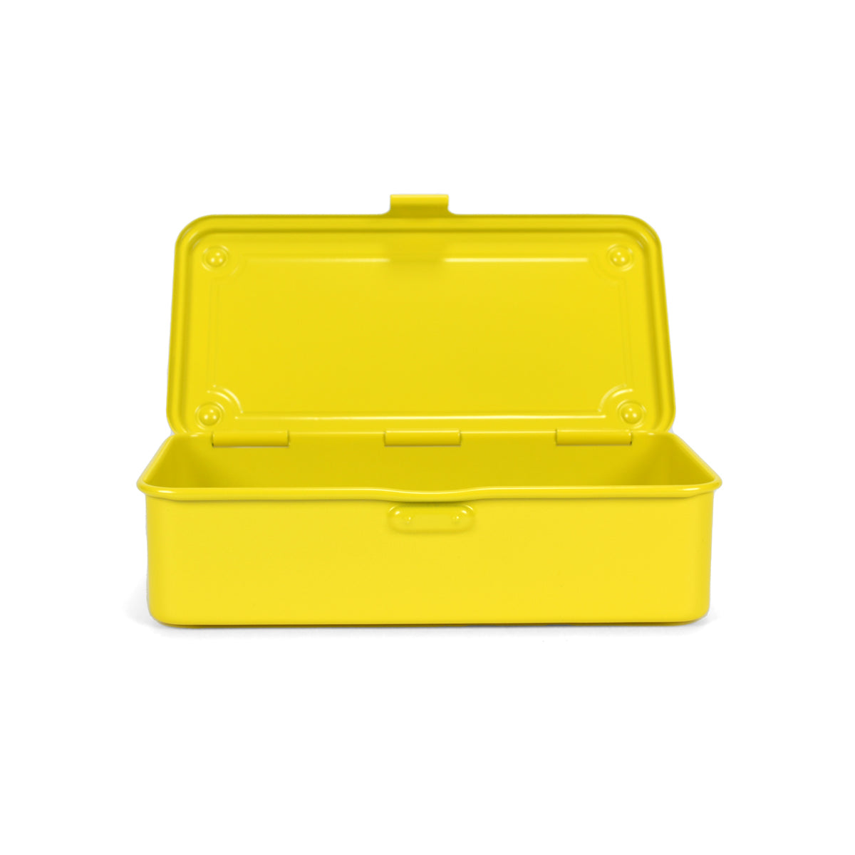 Yellow metal toolbox with open lid on a white background