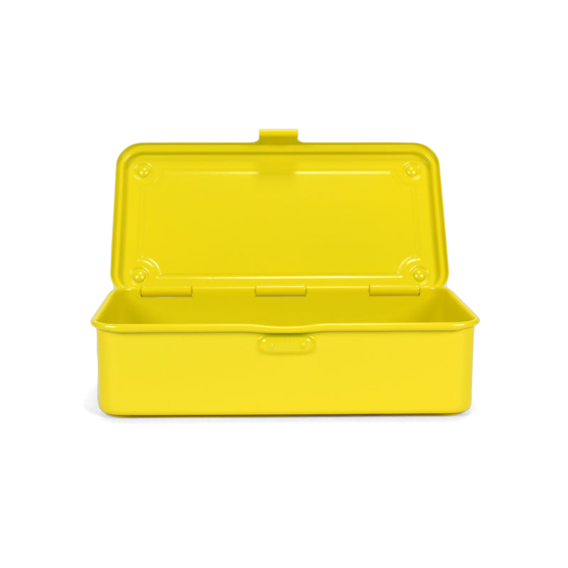 Yellow metal toolbox with open lid on a white background