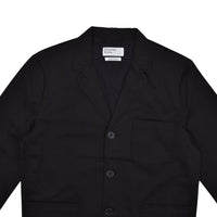 A black wool-blend utility jacket with notch lapels, a three-button front closure, and a single chest pocket, laid flat against a light gray background.