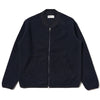 Navy blue zip-up jacket on a white background