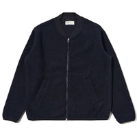 Navy blue zip-up jacket on a white background